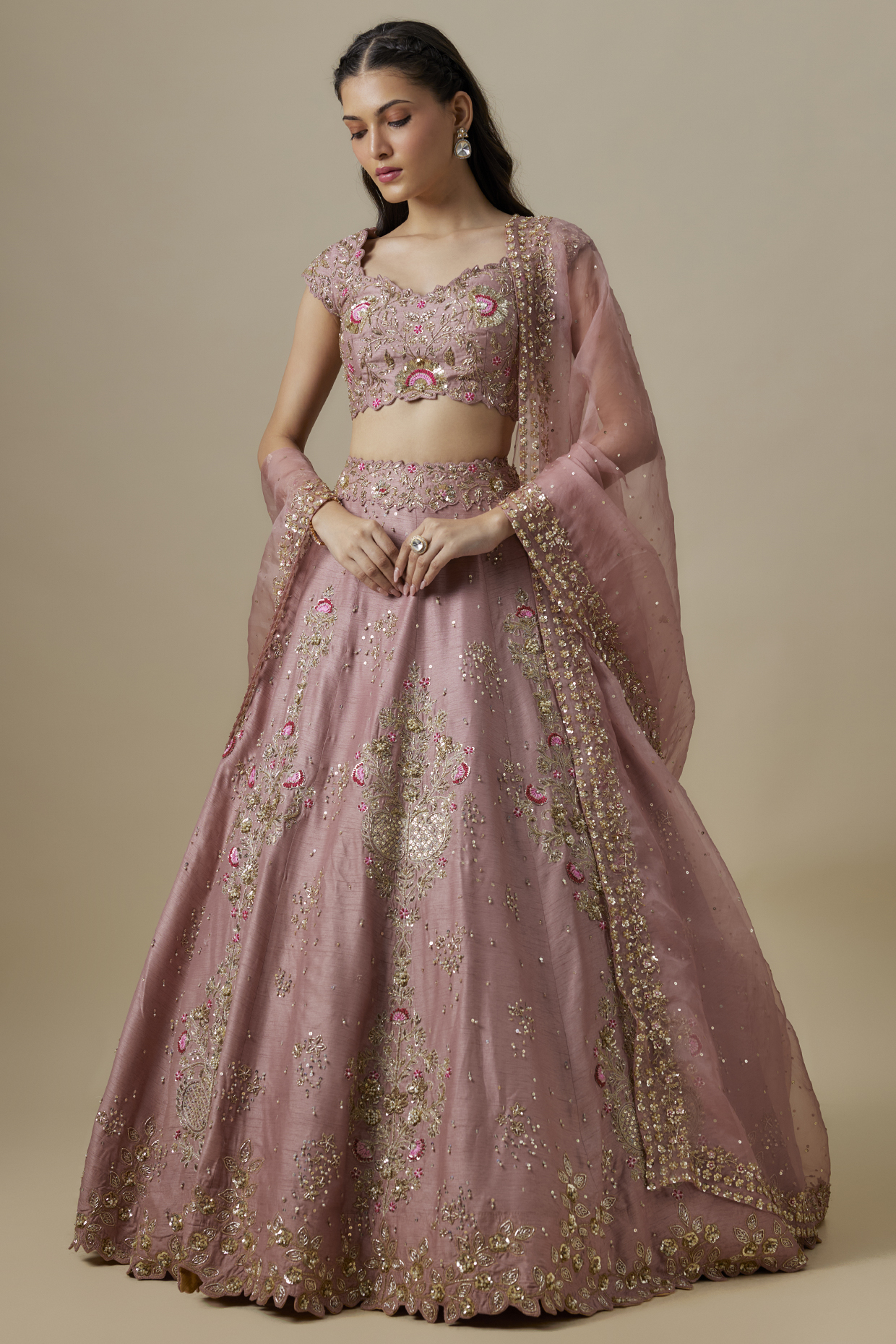 Pink Dupion Silk Zardosi Embroidered Handcrafted Bridal Lehenga Set by Shlok Design at Pernia's Pop Up Shop