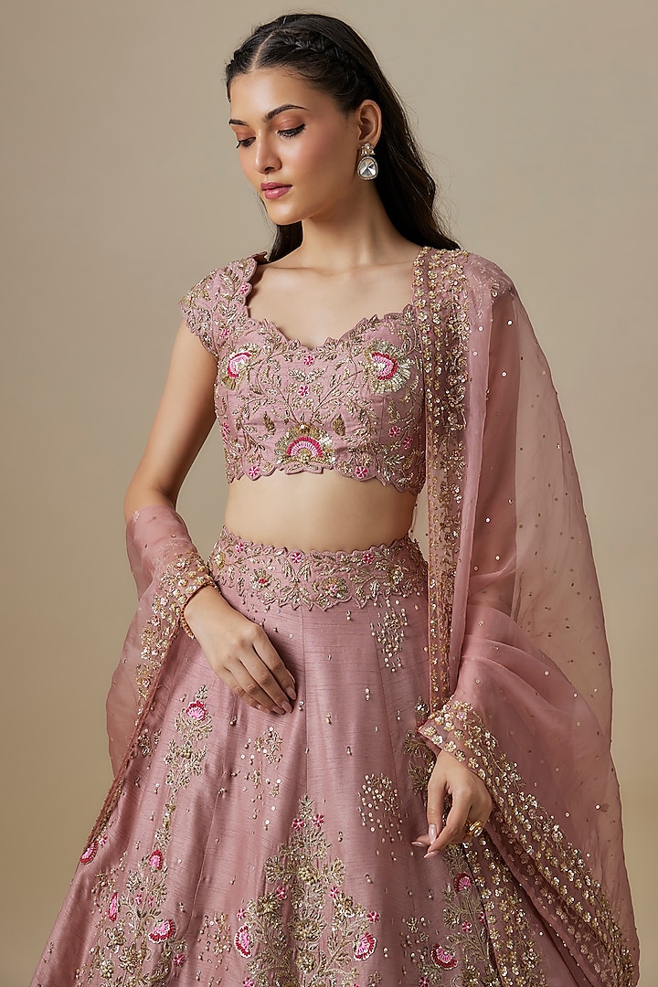 Pink Dupion Silk Zardosi Embroidered Handcrafted Bridal Lehenga Set by Shlok Design at Pernia's Pop Up Shop