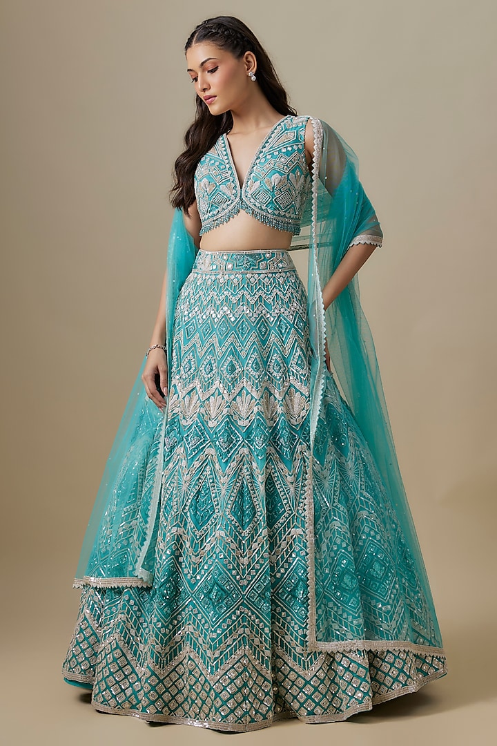 Green Organza Sequins Embroidered Bridal lehenga for 22 Lehenga Set by Shlok Design at Pernia's Pop Up Shop