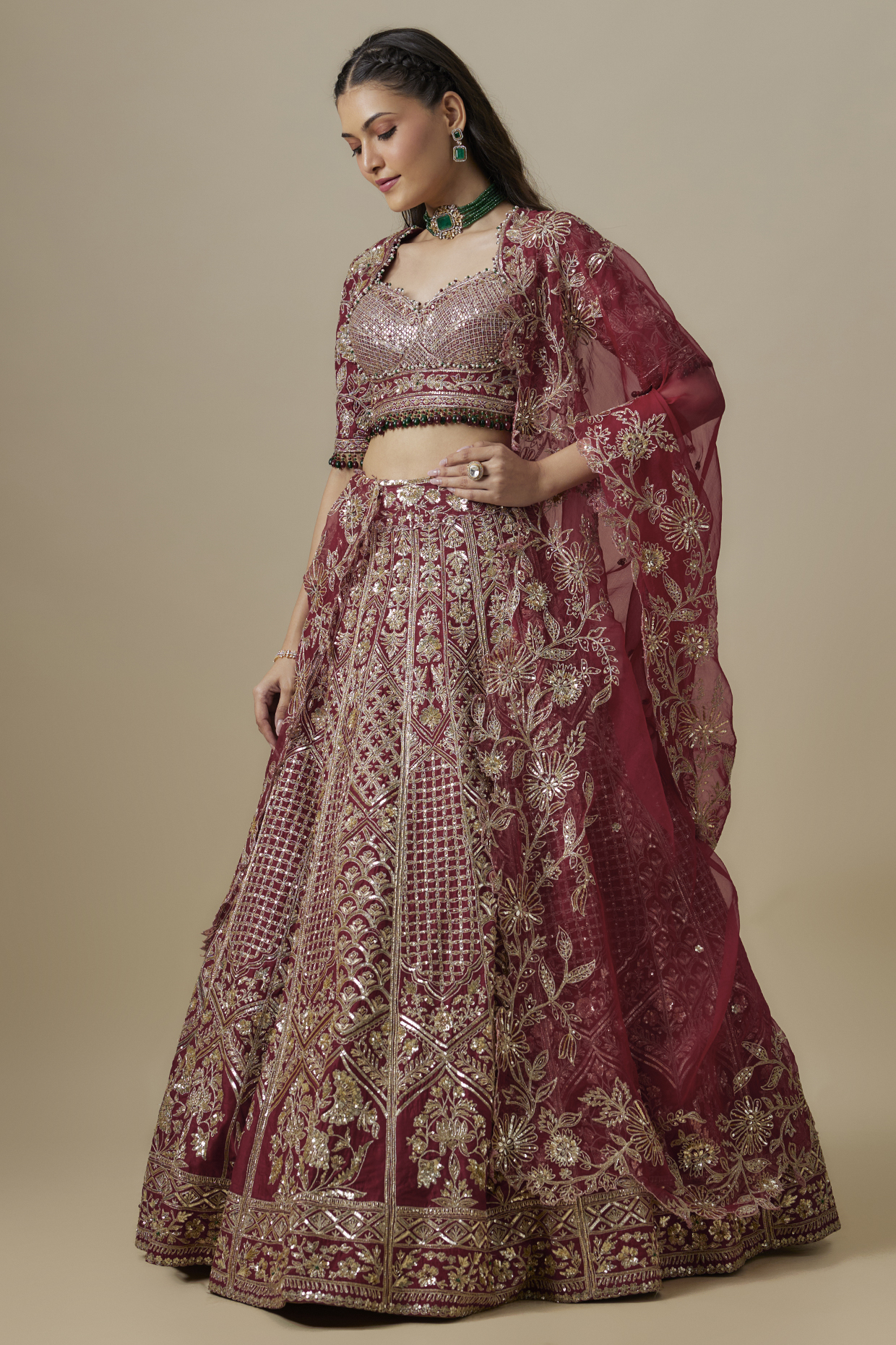 Red Dupion Silk Zardosi Embroidered Handcrafted Bridal Lehenga Set by Shlok Design at Pernia's Pop Up Shop