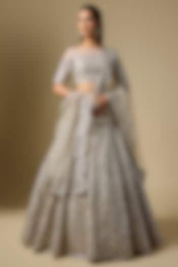 Ivory Net Badla Embroidered Bridal Lehenga Set by Shlok Design at Pernia's Pop Up Shop