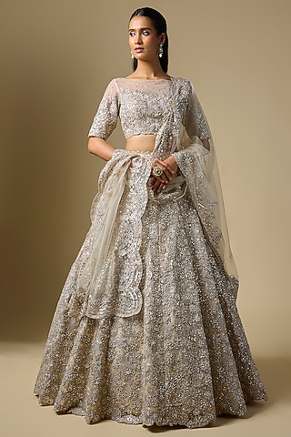 Ivory Net Badla Embroidered Lehenga Set by Shlok Design