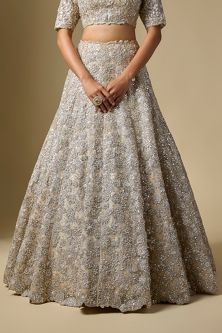 Ivory Net Badla Embroidered Bridal Lehenga Set by Shlok Design at Pernia's Pop Up Shop