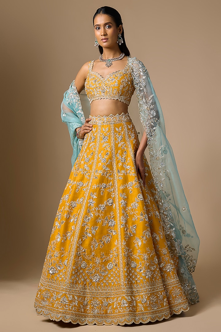 Yellow Raw Silk Zardosi Embroidered Bridal Lehenga Set by Shlok Design at Pernia's Pop Up Shop