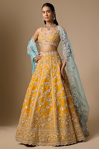 Yellow Raw Silk Zardosi Embroidered Lehenga Set by Shlok Design