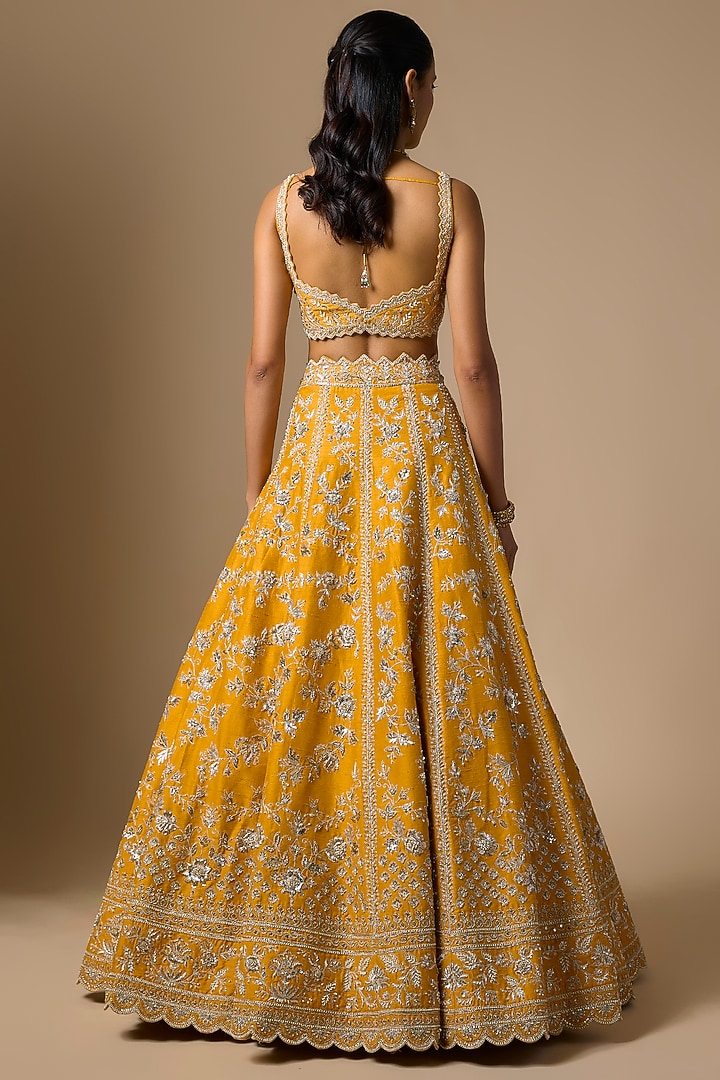 Yellow Raw Silk Zardosi Embroidered Bridal Lehenga Set by Shlok Design at Pernia's Pop Up Shop