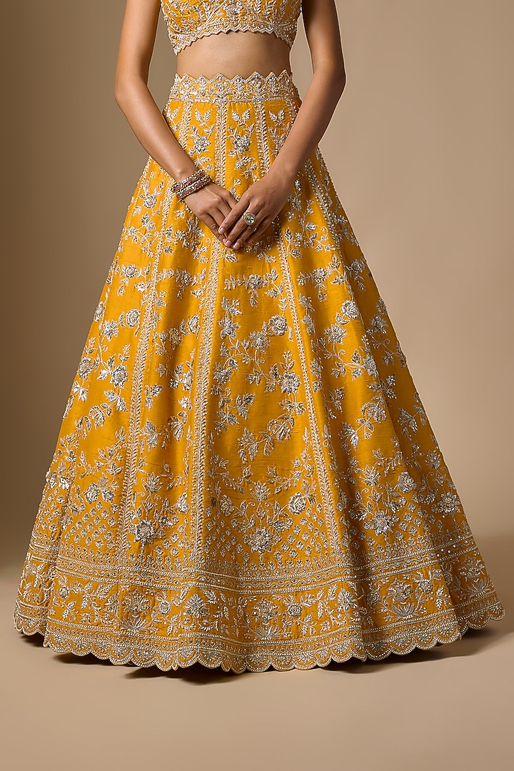 Yellow Raw Silk Zardosi Embroidered Bridal Lehenga Set by Shlok Design at Pernia's Pop Up Shop