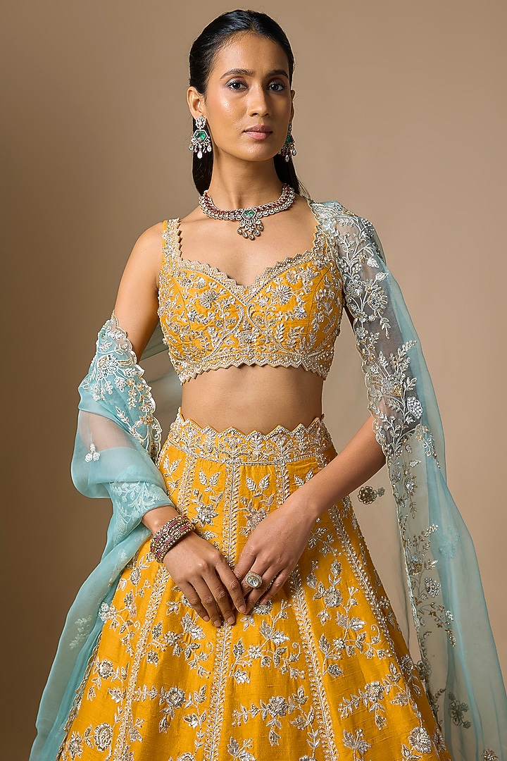Yellow Raw Silk Zardosi Embroidered Bridal Lehenga Set by Shlok Design at Pernia's Pop Up Shop