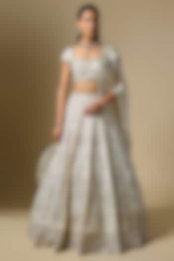 Ivory Dupion Zardosi Embroidered Bridal Lehenga Set by Shlok Design at Pernia's Pop Up Shop