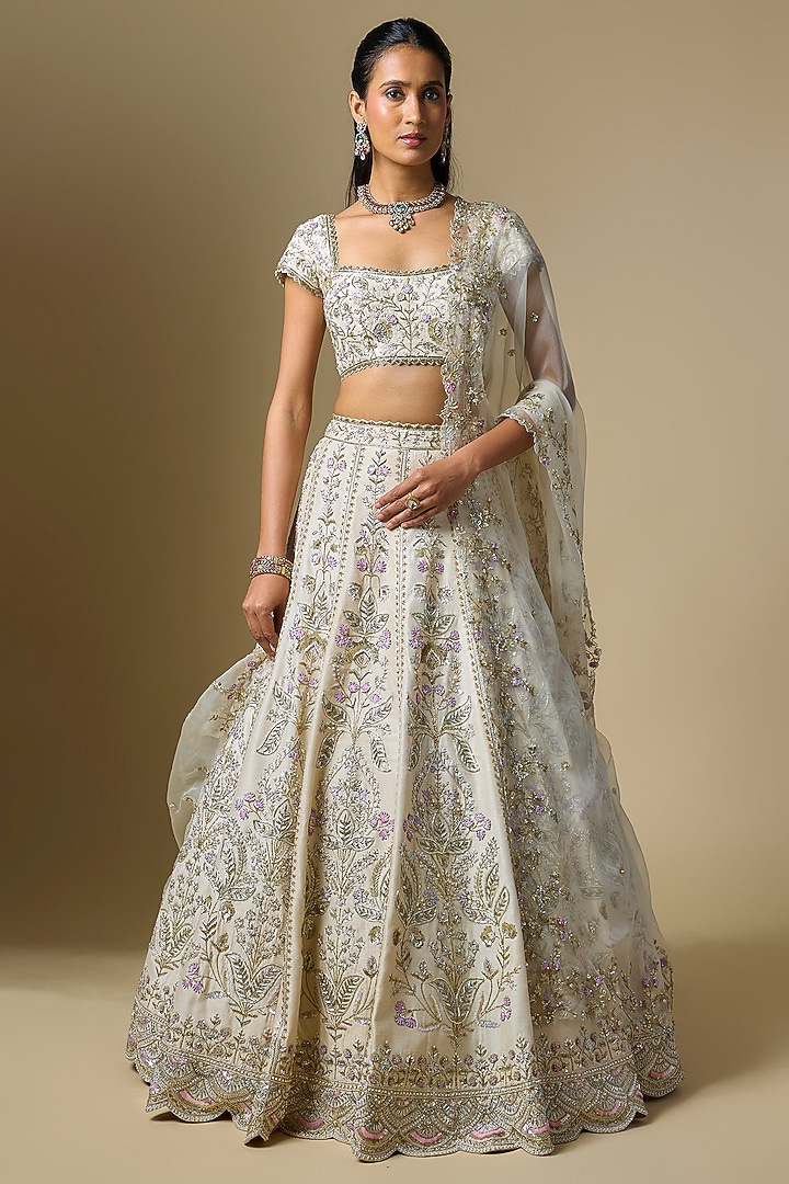 Ivory Dupion Zardosi Embroidered Bridal Lehenga Set by Shlok Design at Pernia's Pop Up Shop