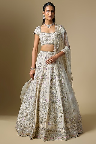 Ivory Dupion Zardosi Embroidered Lehenga Set by Shlok Design