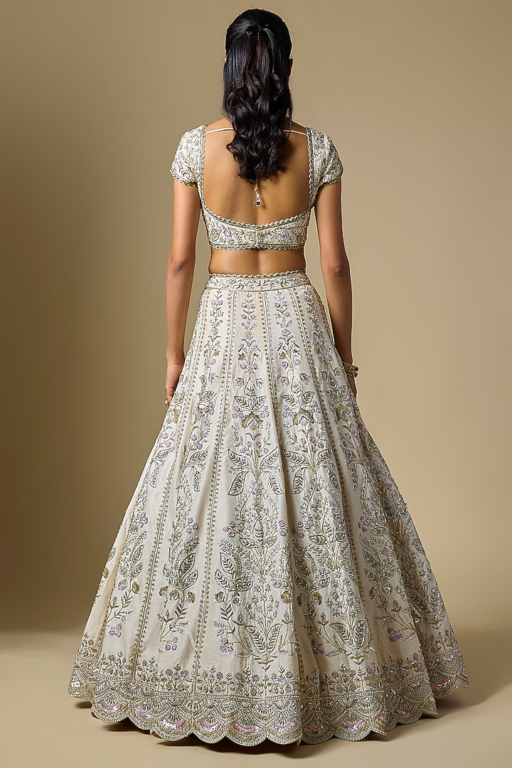 Ivory Dupion Zardosi Embroidered Bridal Lehenga Set by Shlok Design at Pernia's Pop Up Shop