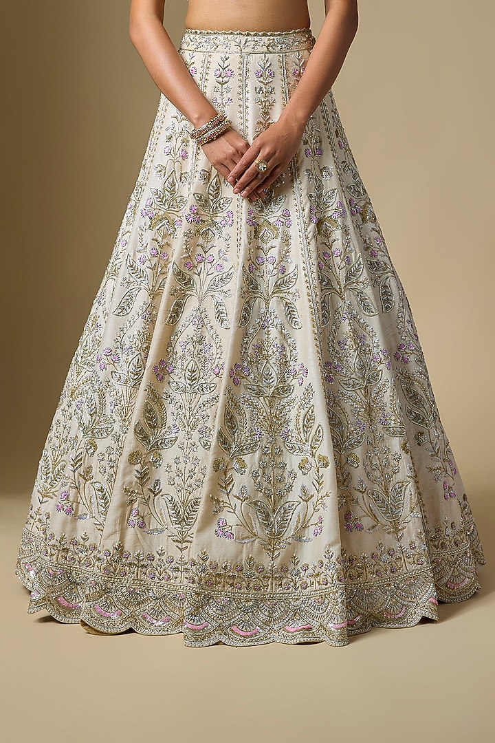 Ivory Dupion Zardosi Embroidered Bridal Lehenga Set by Shlok Design at Pernia's Pop Up Shop
