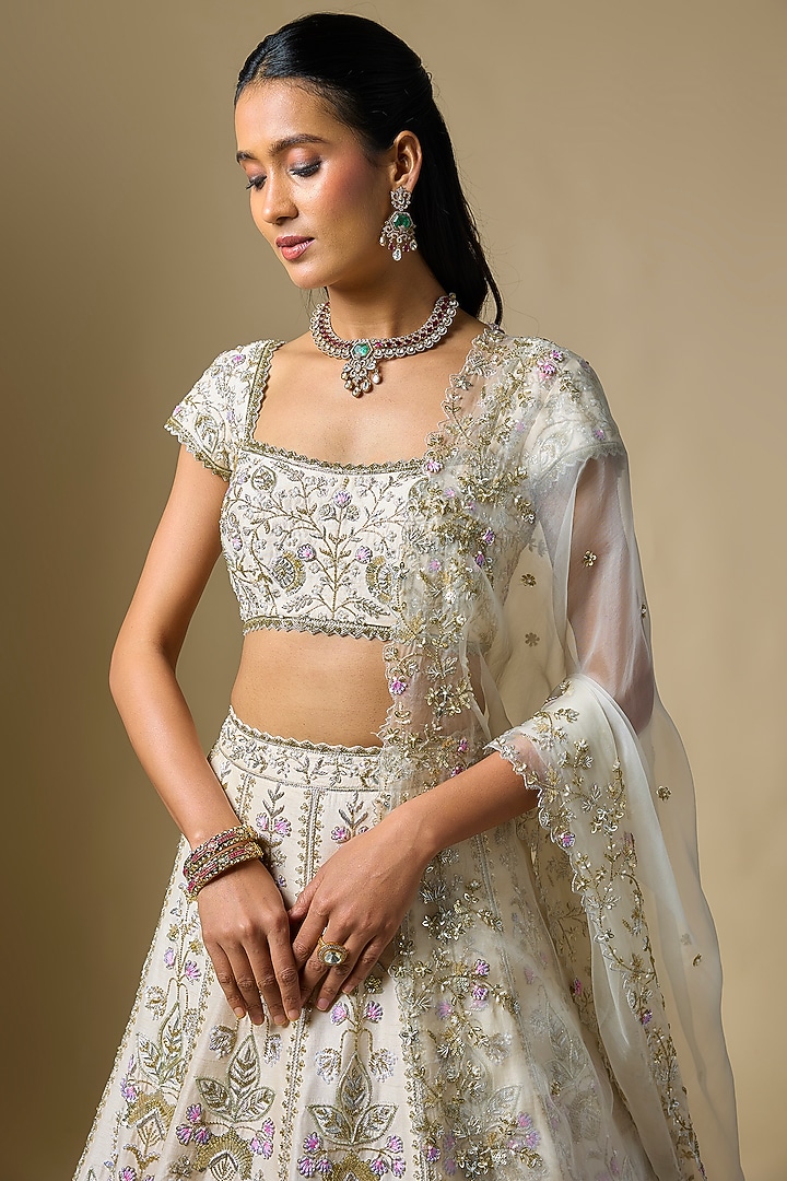 Ivory Dupion Zardosi Embroidered Bridal Lehenga Set by Shlok Design at Pernia's Pop Up Shop