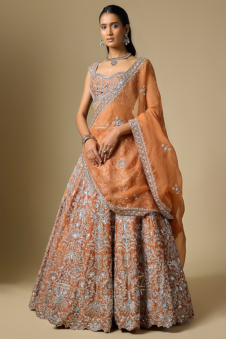 Mocha-Colored Dupion Sequins Embroidered Bridal Lehenga Set by Shlok Design at Pernia's Pop Up Shop
