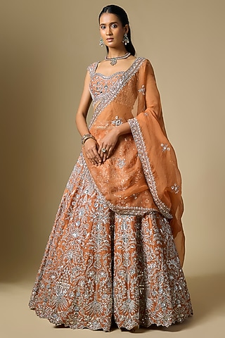 Mocha-Colored Dupion Sequins Embroidered Lehenga Set by Shlok Design