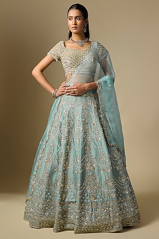 Moss Green Dupion Sequins Embroidered Lehenga Set by Shlok Design
