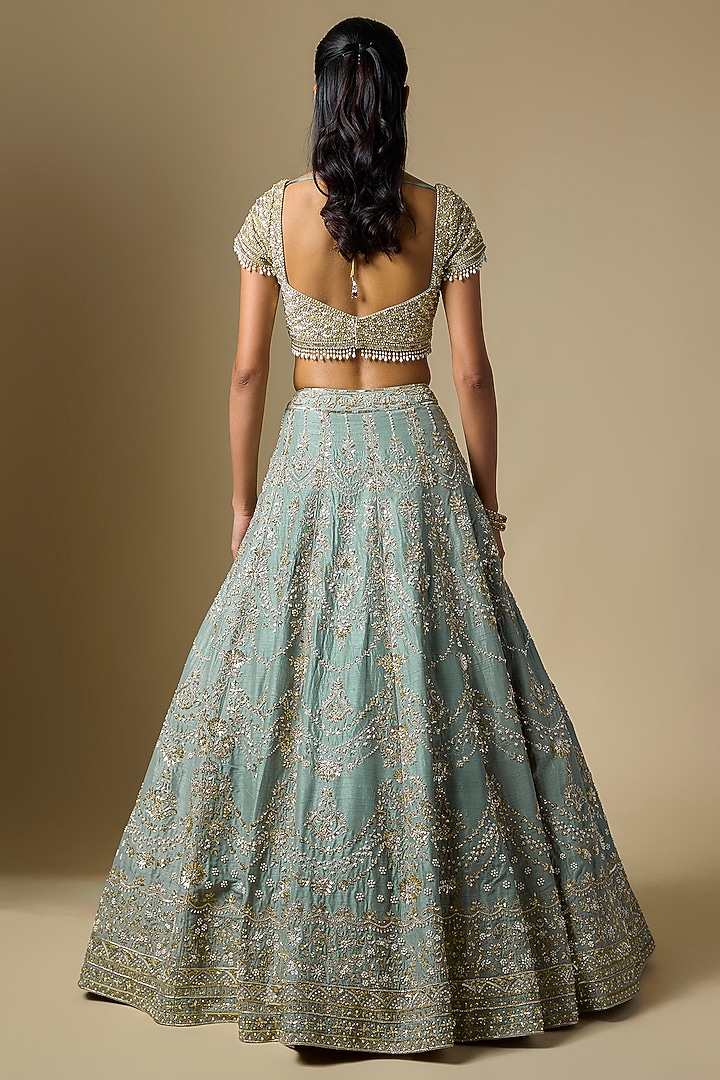 Moss Green Dupion Sequins Embroidered Bridal Lehenga Set by Shlok Design at Pernia's Pop Up Shop