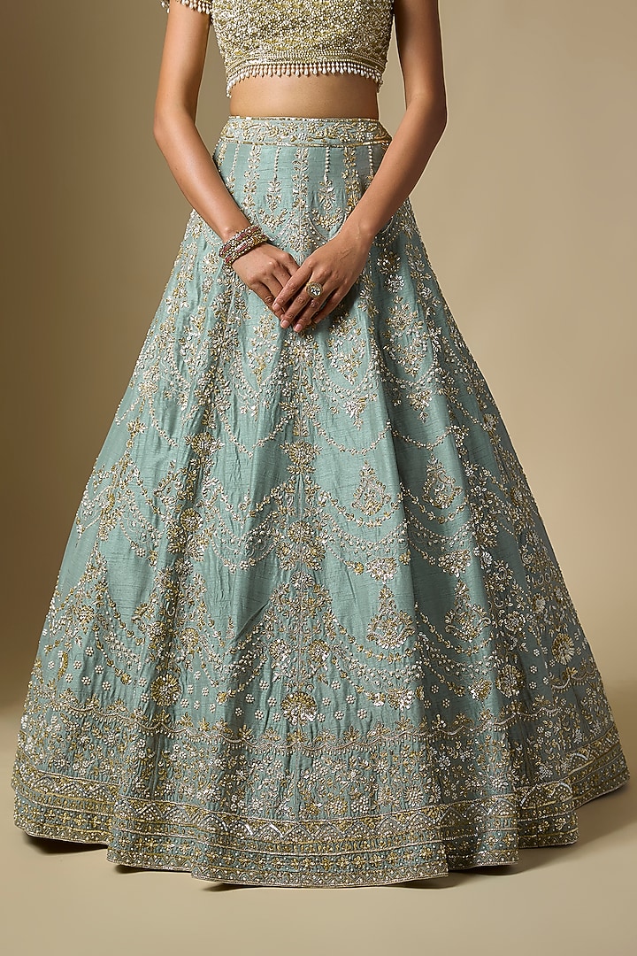 Moss Green Dupion Sequins Embroidered Bridal Lehenga Set by Shlok Design at Pernia's Pop Up Shop