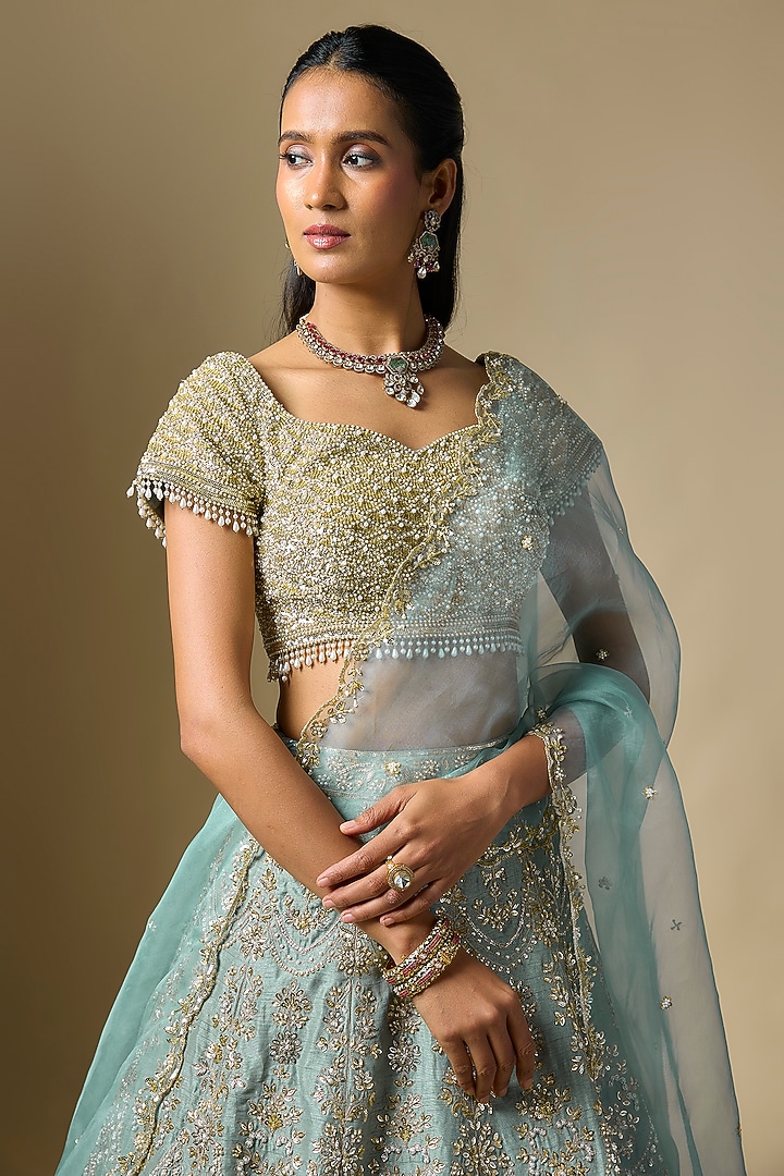 Moss Green Dupion Sequins Embroidered Bridal Lehenga Set by Shlok Design at Pernia's Pop Up Shop