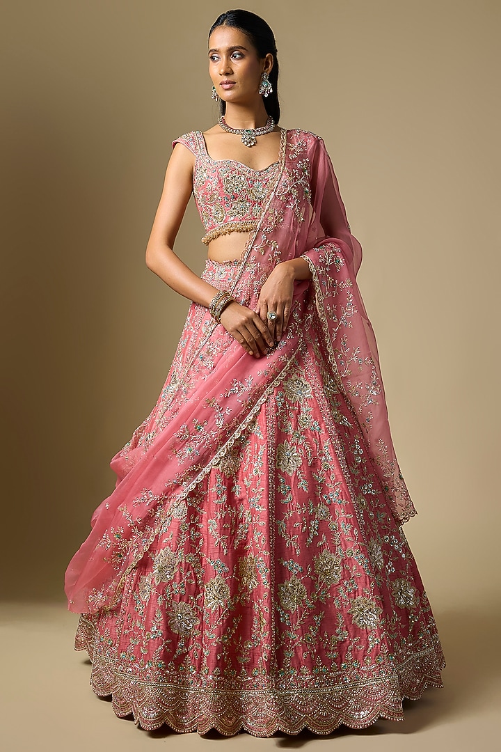 Coral Dupion Zardosi Embroidered Bridal Lehenga Set by Shlok Design at Pernia's Pop Up Shop