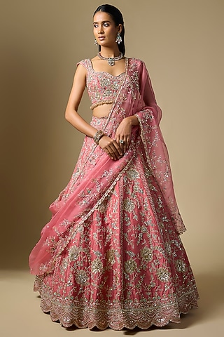 Coral Dupion Zardosi Embroidered Lehenga Set by Shlok Design