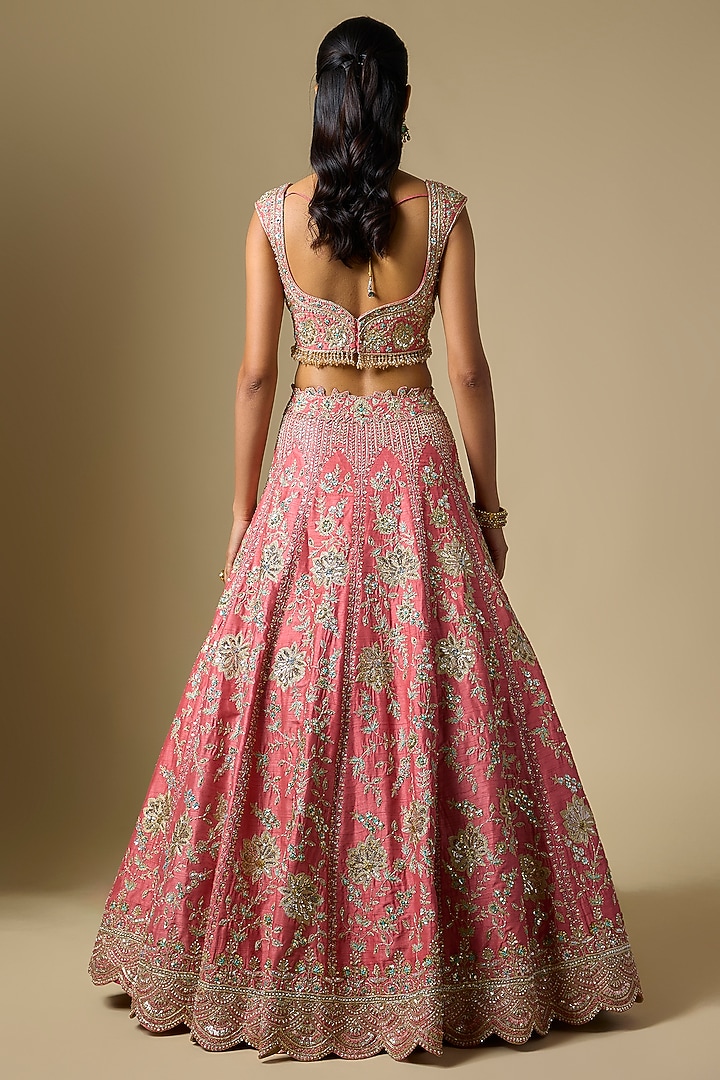 Coral Dupion Zardosi Embroidered Bridal Lehenga Set by Shlok Design at Pernia's Pop Up Shop