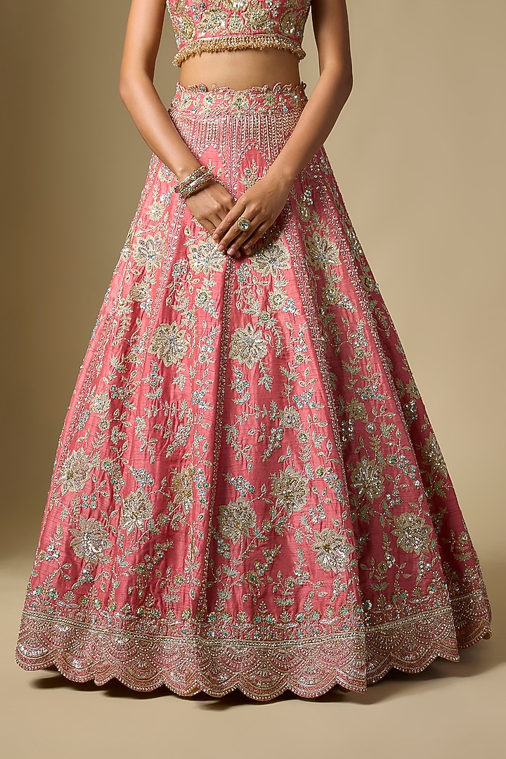 Coral Dupion Zardosi Embroidered Bridal Lehenga Set by Shlok Design at Pernia's Pop Up Shop