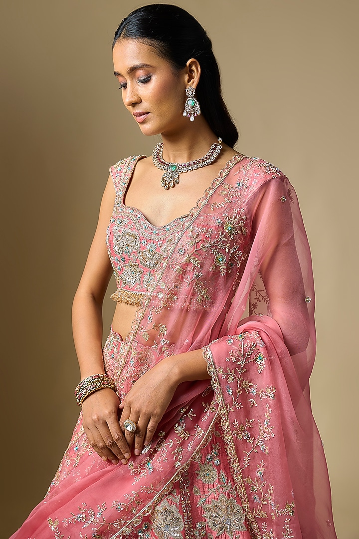 Coral Dupion Zardosi Embroidered Bridal Lehenga Set by Shlok Design at Pernia's Pop Up Shop