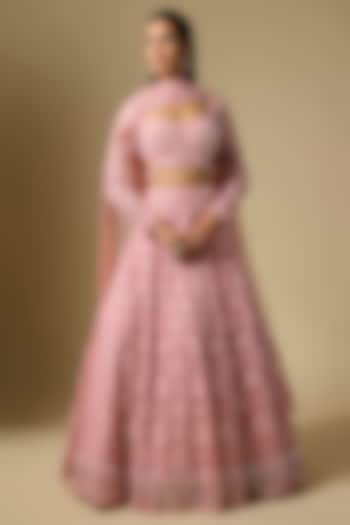 Peach Net Sequins Embroidered Bridal Lehenga Set by Shlok Design at Pernia's Pop Up Shop