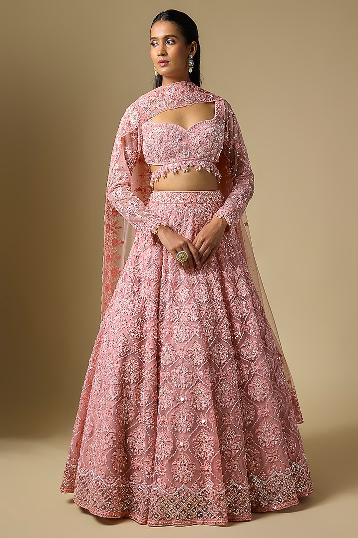 Peach Net Sequins Embroidered Bridal Lehenga Set by Shlok Design at Pernia's Pop Up Shop
