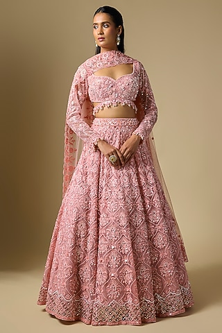 Peach Net Sequins Embroidered Lehenga Set by Shlok Design