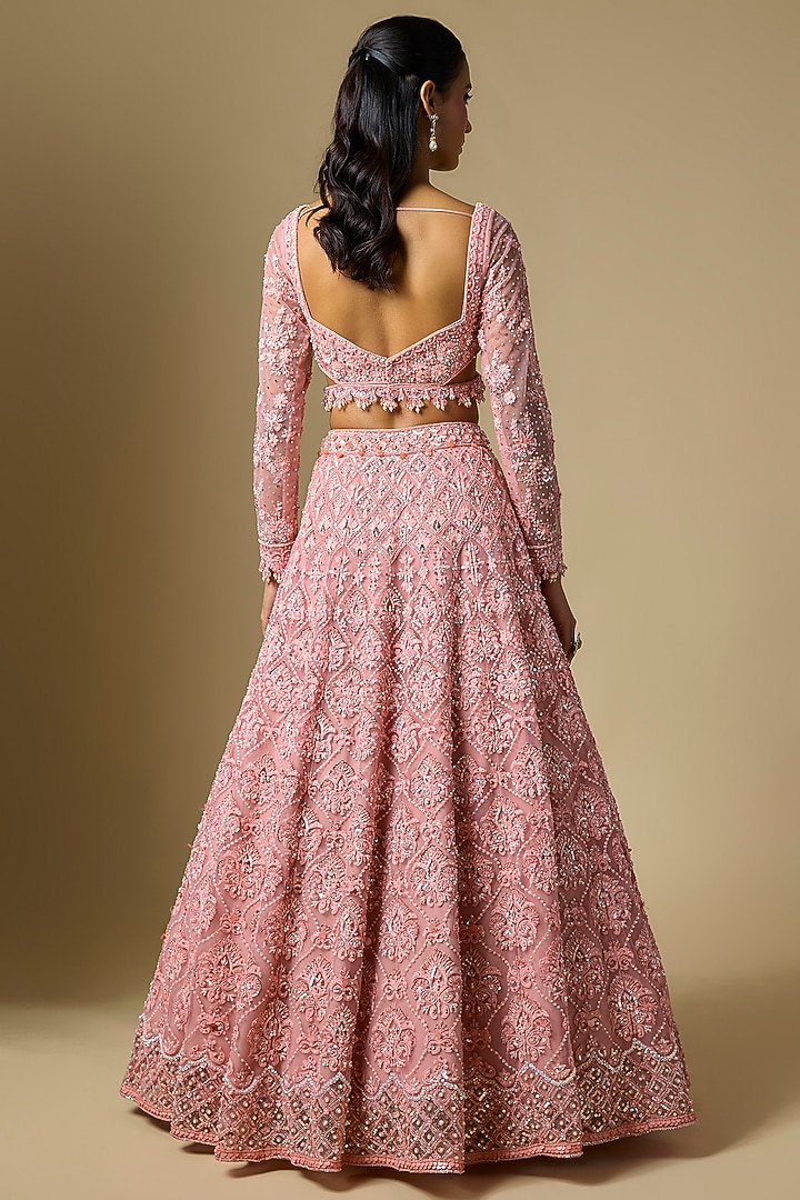 Peach Net Sequins Embroidered Bridal Lehenga Set by Shlok Design at Pernia's Pop Up Shop