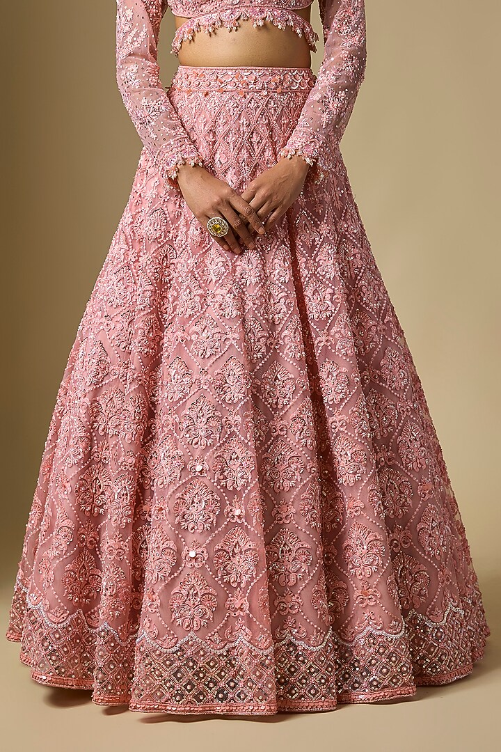 Peach Net Sequins Embroidered Bridal Lehenga Set by Shlok Design at Pernia's Pop Up Shop