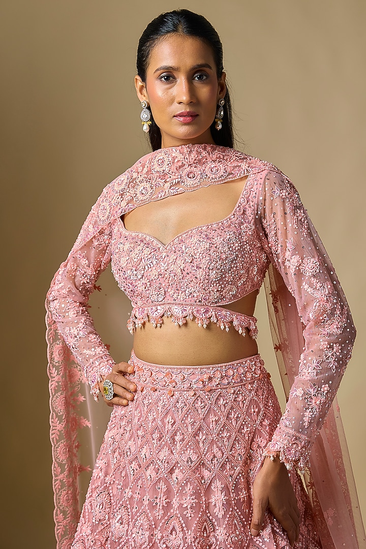 Peach Net Sequins Embroidered Bridal Lehenga Set by Shlok Design at Pernia's Pop Up Shop