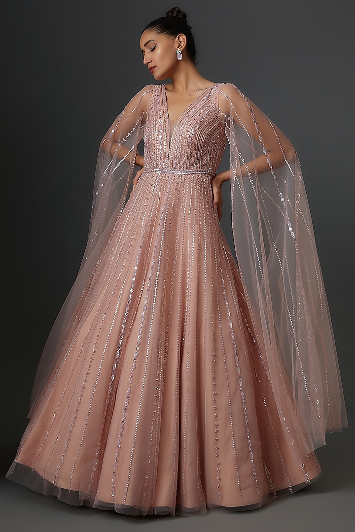 Peach Net Embroidered Gown by Shlok Design