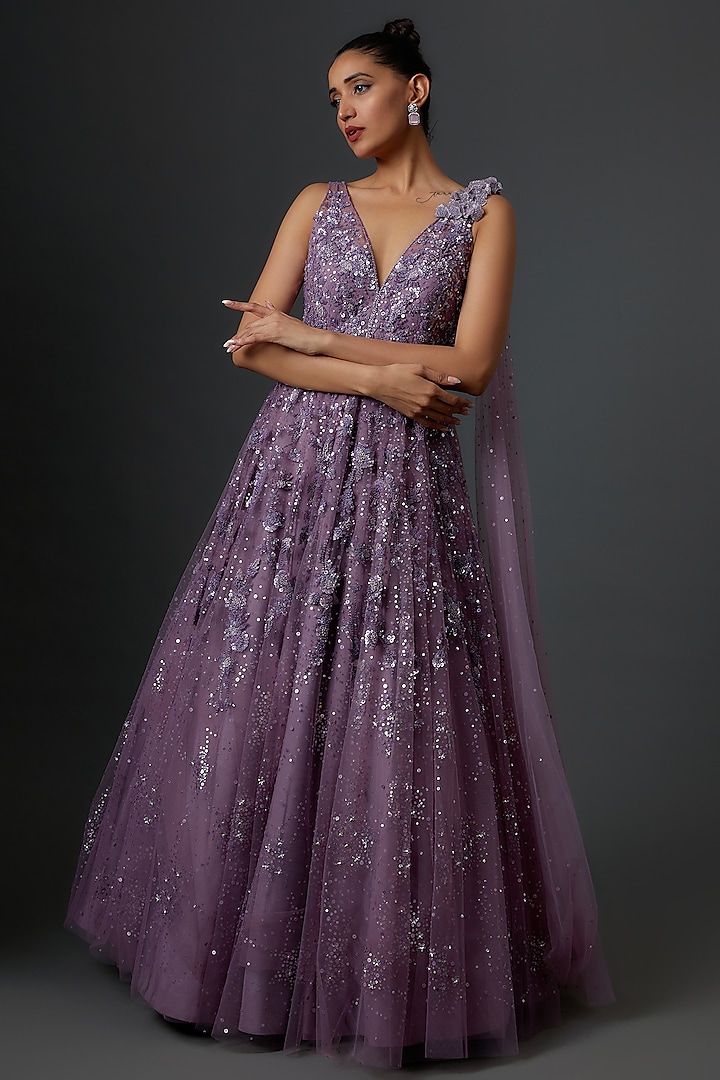 Purple Net Embroidered Gown by Shlok Design
