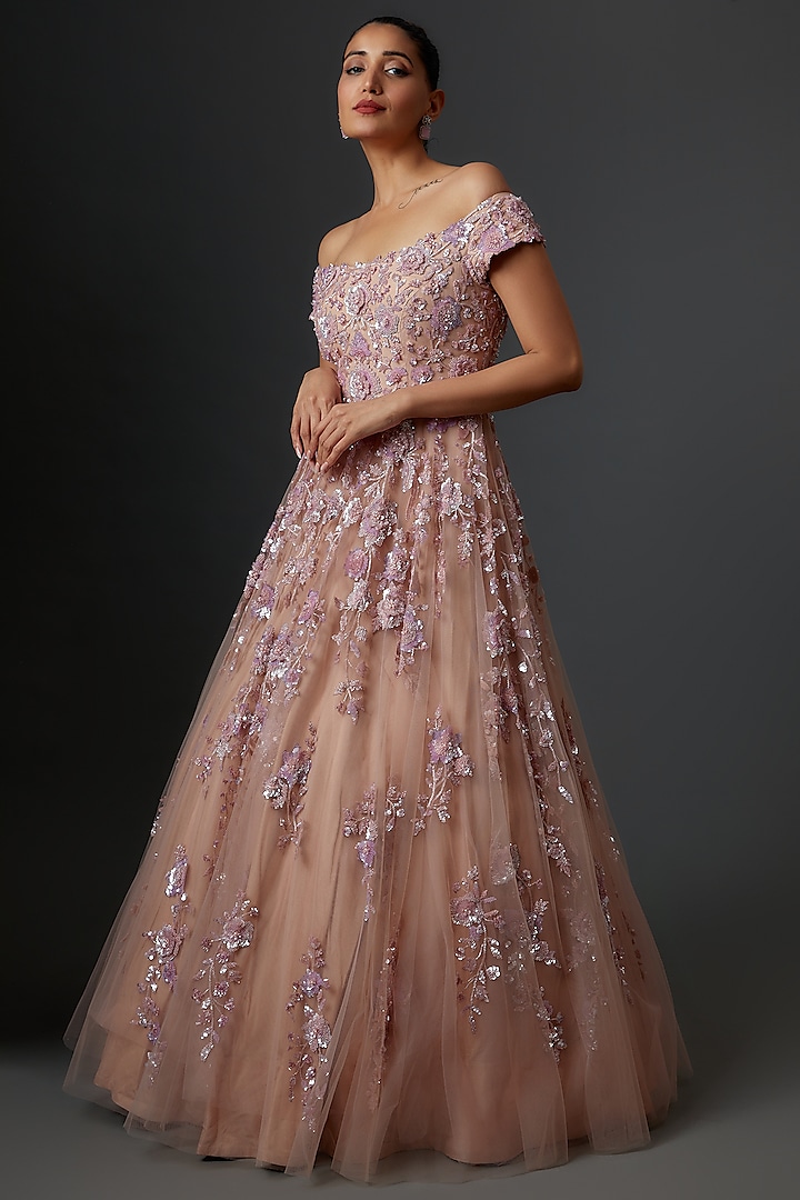 Peach Net Embroidered Gown by Shlok Design