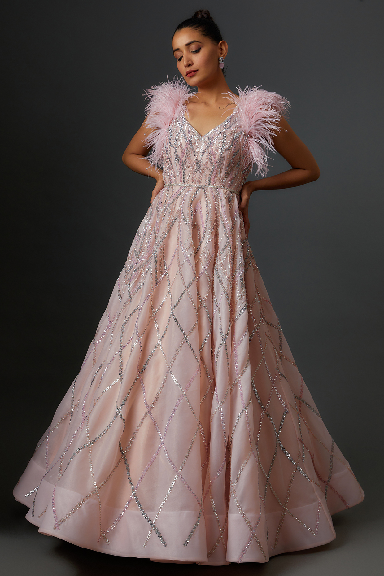 Peach Organza Embroidered Gown by Shlok Design