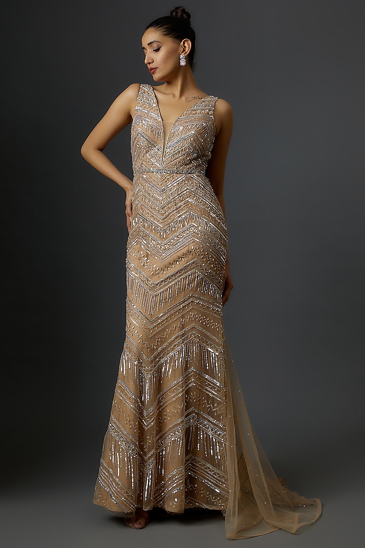 Gold Net Embroidered Gown by Shlok Design