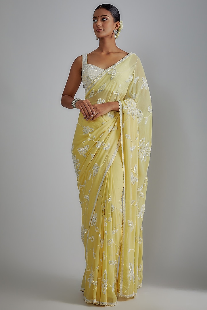 Yellow Georgette Embroidered Saree Set by Shlok Design