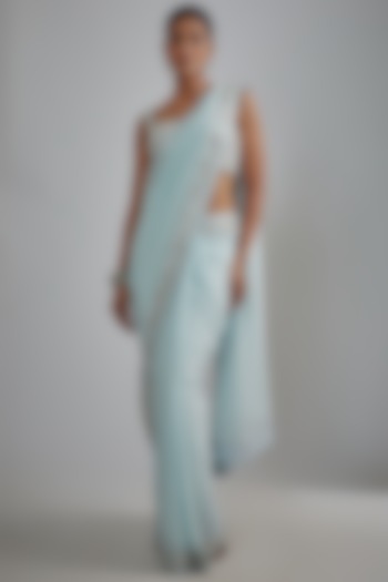 Mint Blue Georgette Embroidered Wedding Saree Set by Shlok Design at Pernia's Pop Up Shop