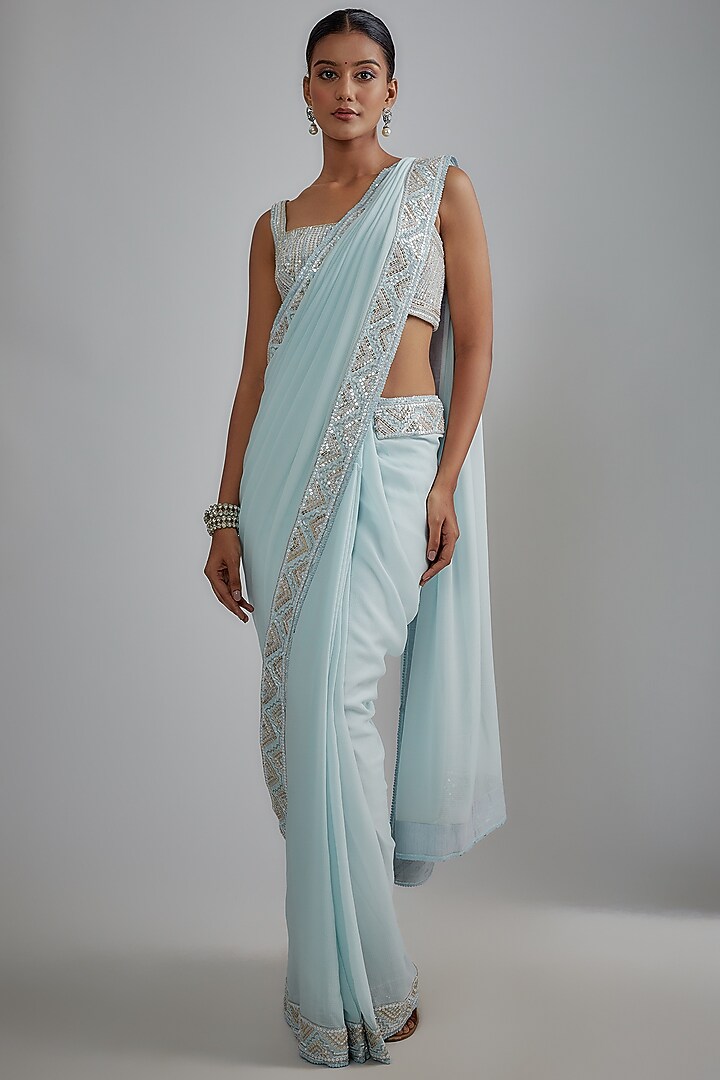 Mint Blue Georgette Embroidered Wedding Saree Set by Shlok Design at Pernia's Pop Up Shop