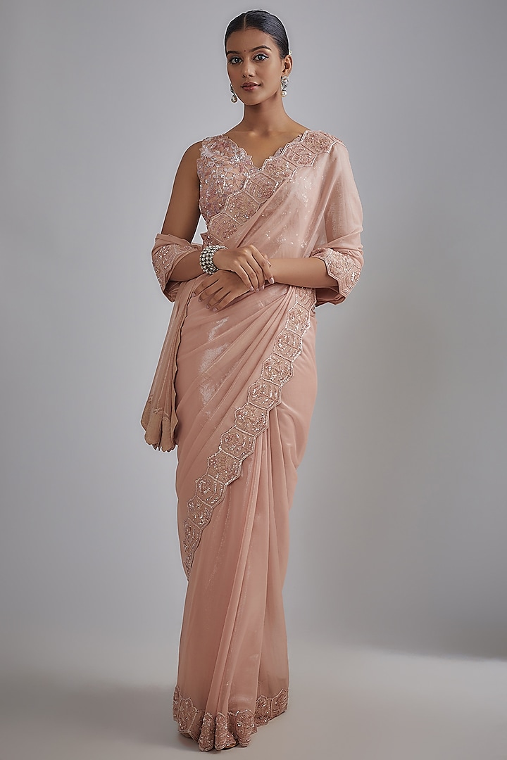 Blush Pink Shimmer Georgette Embroidered Saree Set by Shlok Design