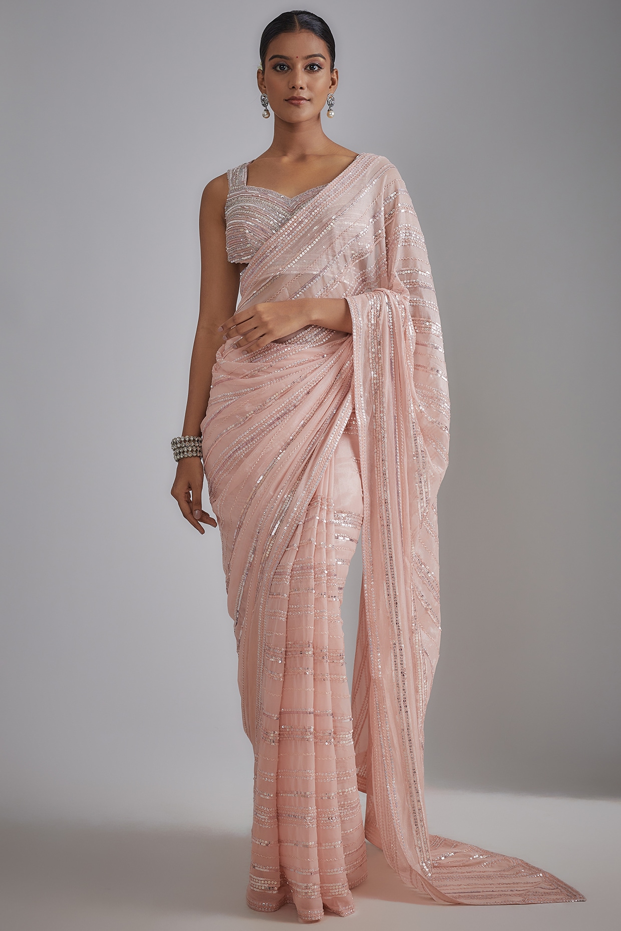 Peach Navy blue shimmer Georgette Saree and Pink Blouse with Thread Work  only - Products