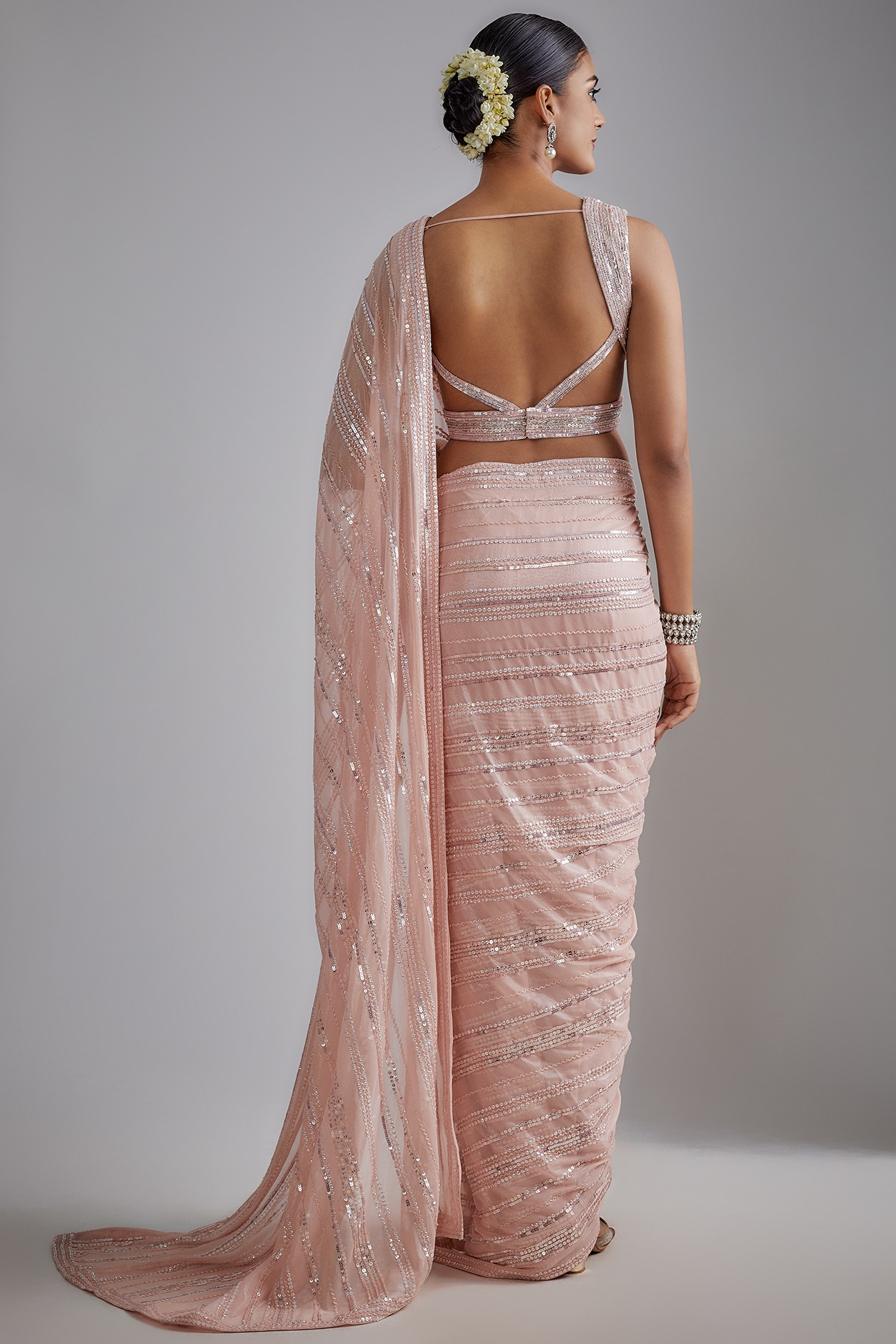 Flamingo pink Sequin Work Drape Saree With Flare