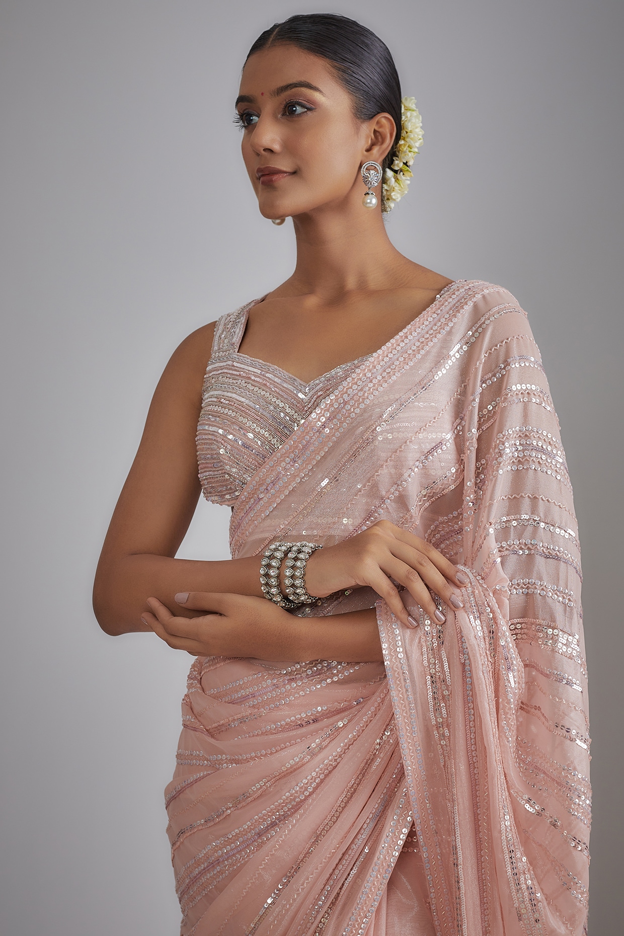 Buy Pink Georgette Embroidery Sequin Pre-draped Saree With Blouse For Women  by Arpita Mehta Online at Aza Fashions.