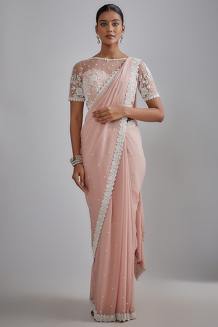 Blush Pink Georgette Embroidered Saree Set by Shlok Design