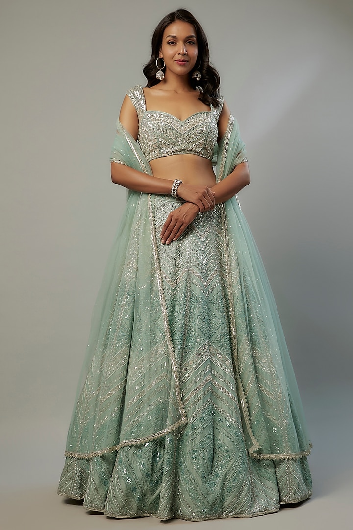 Moss Green Dupion Sequins Embroidered Lehenga Set by Shlok Design