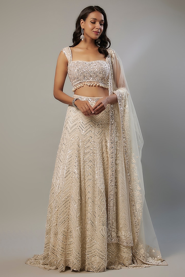 Off-White Net Pearl Embroidered Wedding Lehenga Set by Shlok Design at Pernia's Pop Up Shop